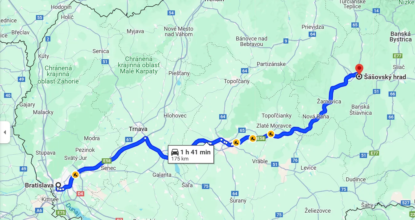 Mapa trasy autom na hrad Šášov, Mapy Google