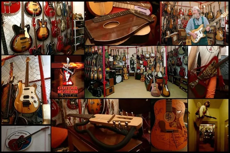 Gitarove muzeum - kolaz z fotiek gitar a v strede miestnost muzea