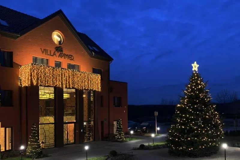 budova medolandia vecer s vianocnym stromcekom